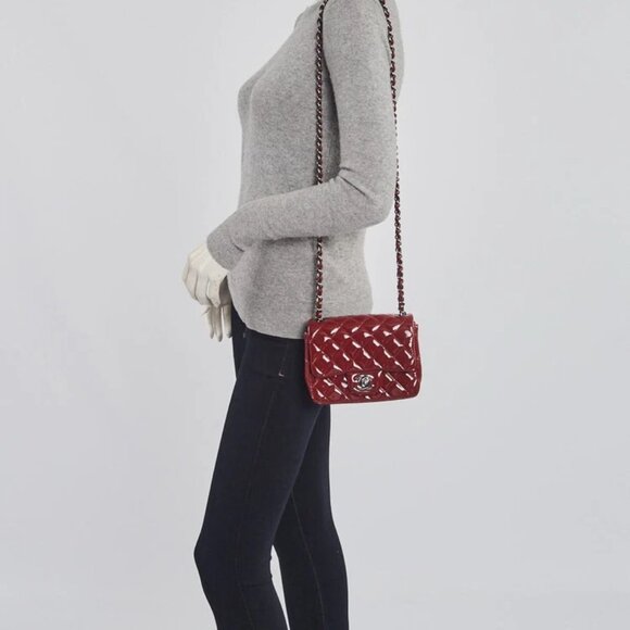 Chanel Dark Red Quilted Patent Leather Classic Square Mini Flap Bag - Picture 2 of 12